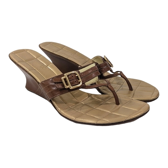 Cole Haan Woman Leather Brown Gold Wedge Thong Sandals Strappy Buckle Size 10B - Picture 1 of 13